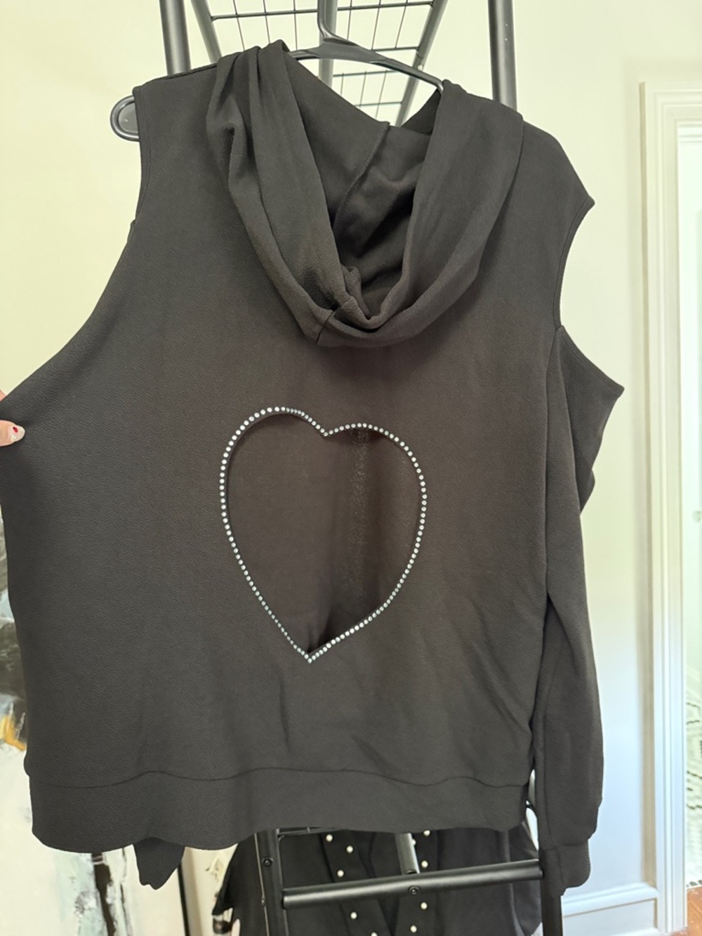 Sleeveless Black Hoodie with Rhinestone Heart Back